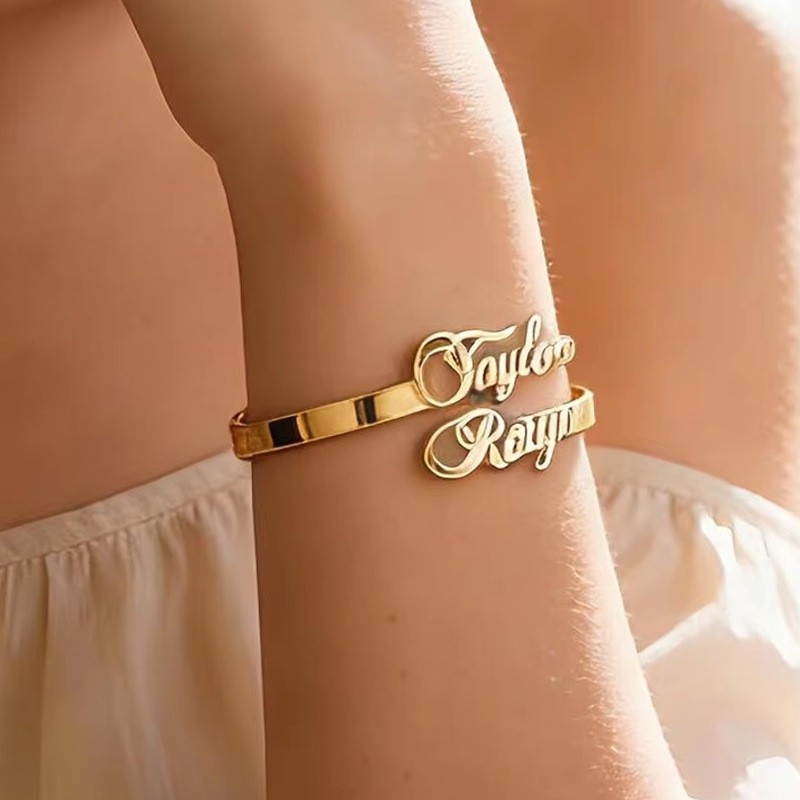 Customized Double Name Engraved Stainless Steel Bracelet Cuff Anniversary Gift