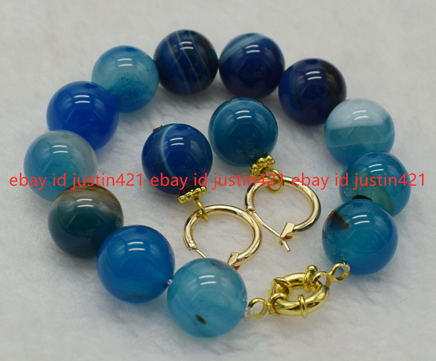 Huge 14mm Natural Blue Stripe Aagte Onyx Round Gemstone Bracelet Earrings 7.5″