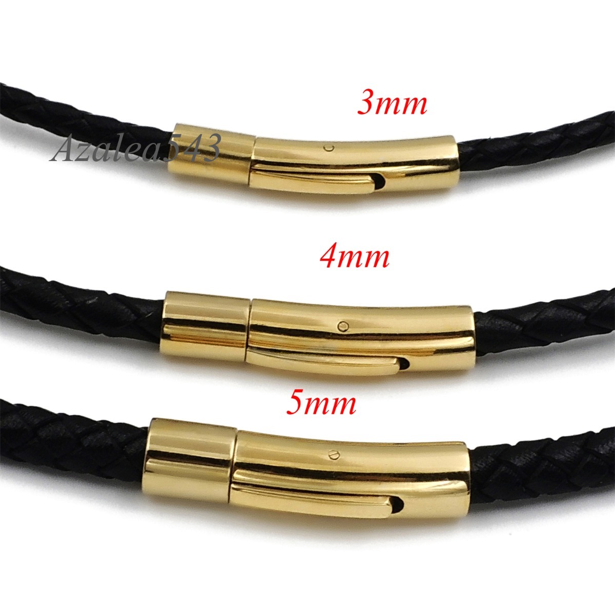 3/4/5MM Genuine Black Braided Leather Cord Gold Stainless Steel Lock Necklace