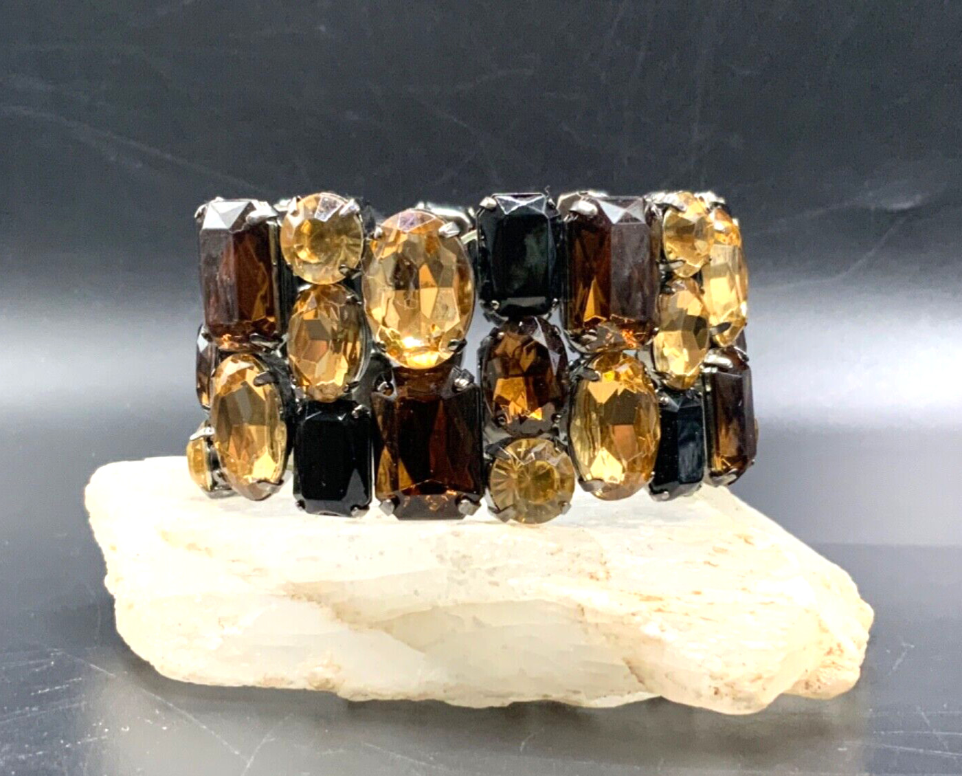 Brown Orange Bracelet Fall Harvest Acrylic Wide Bling Metal Stretch Bracelet