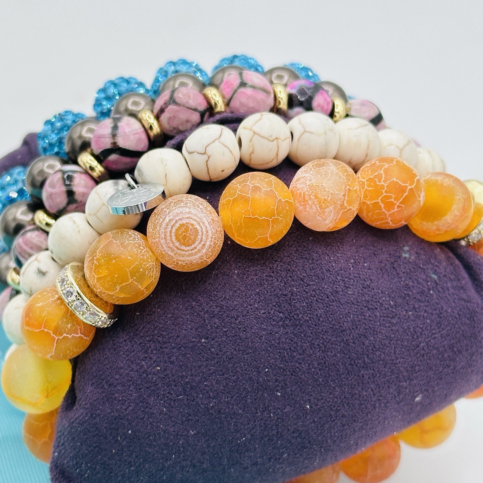 Rustic Cuff Summer Sunset Bracelet Stack 5 Pc Orange Blue Crystal Charm