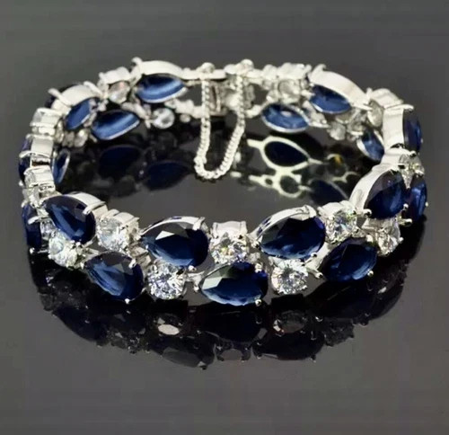 18k White Gold Filled Lab Blue Sapphire & Simulated Diamond Tennis Bracelet 7.5”