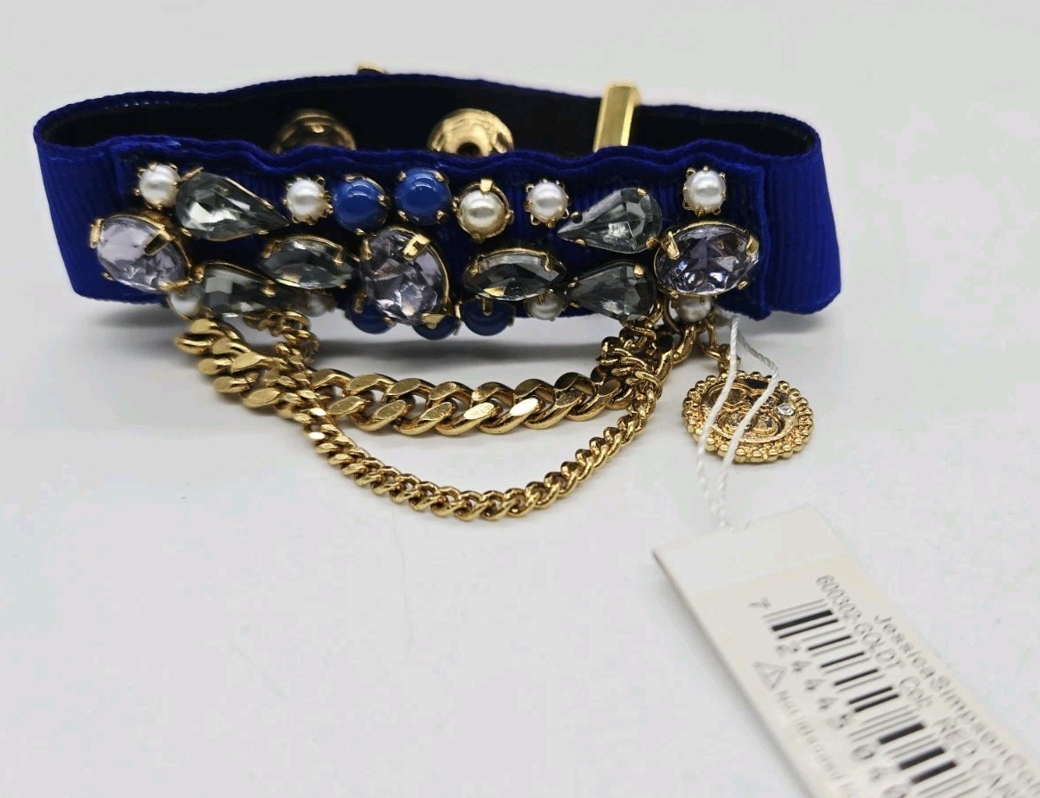 Jessica Simpson Charm Bracelet Blue Gold tone Chain Crystal Accent 8.5 in
