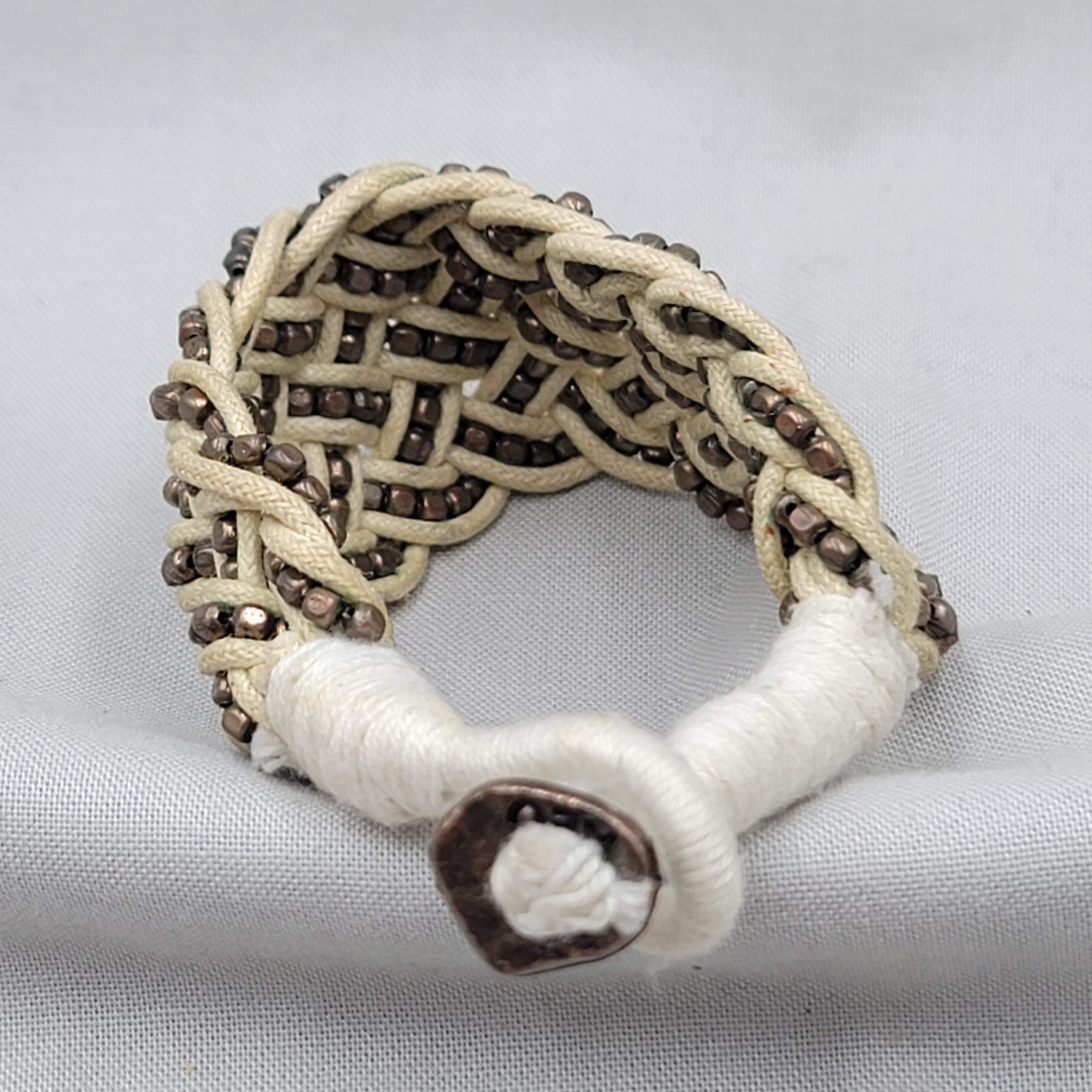 African Wrap Cuff Brass Bead Bracelet Tan Cord Button Closure 6.5″