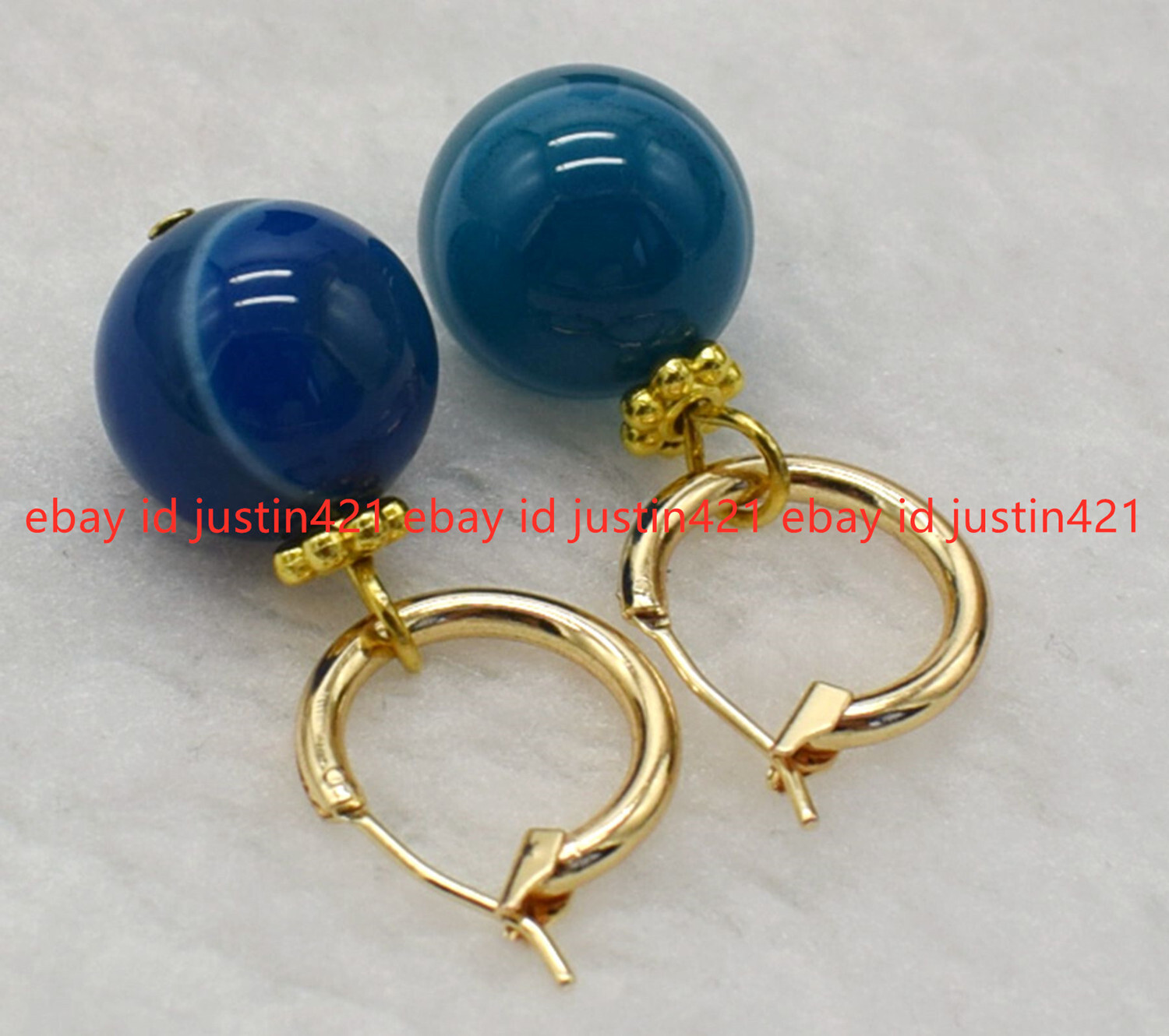 Huge 14mm Natural Blue Stripe Aagte Onyx Round Gemstone Bracelet Earrings 7.5″
