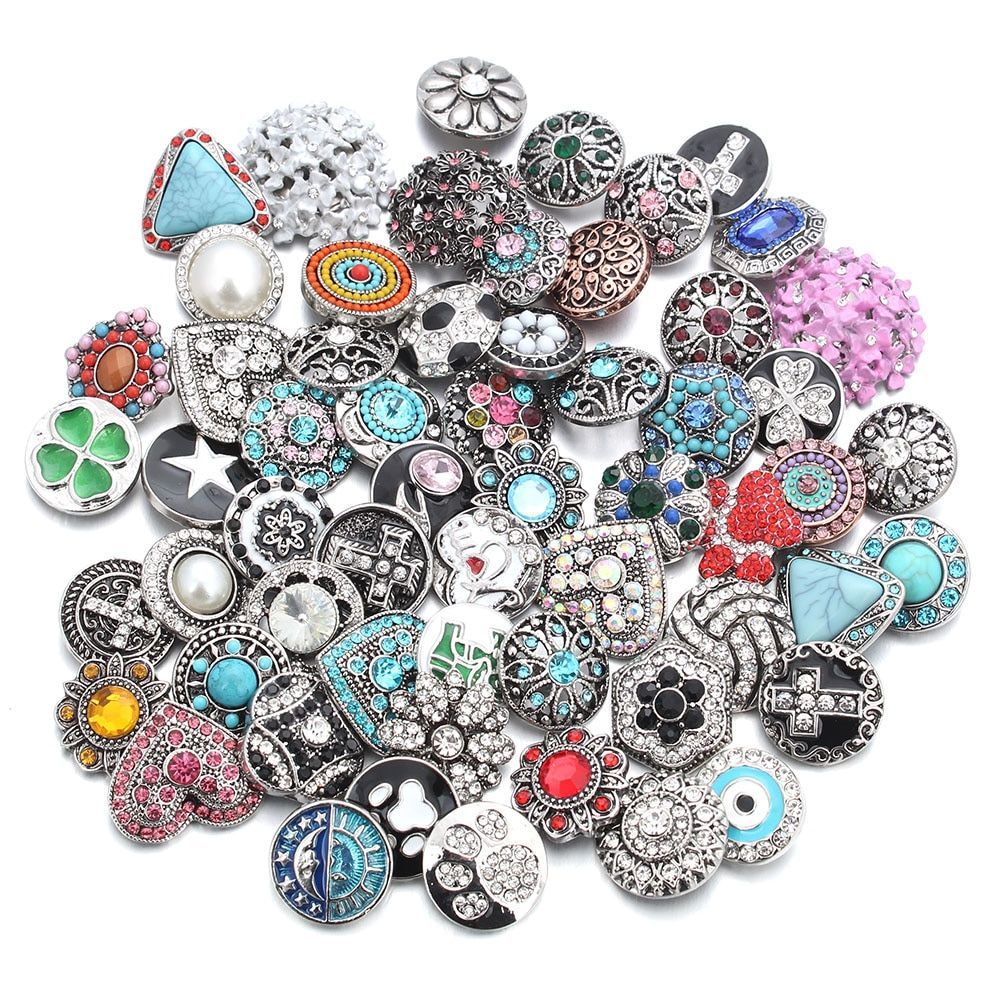 50pcs/lot Mixed Style 18mm Metal Ginger Crystal Designs For Snap Buttons Jewelry