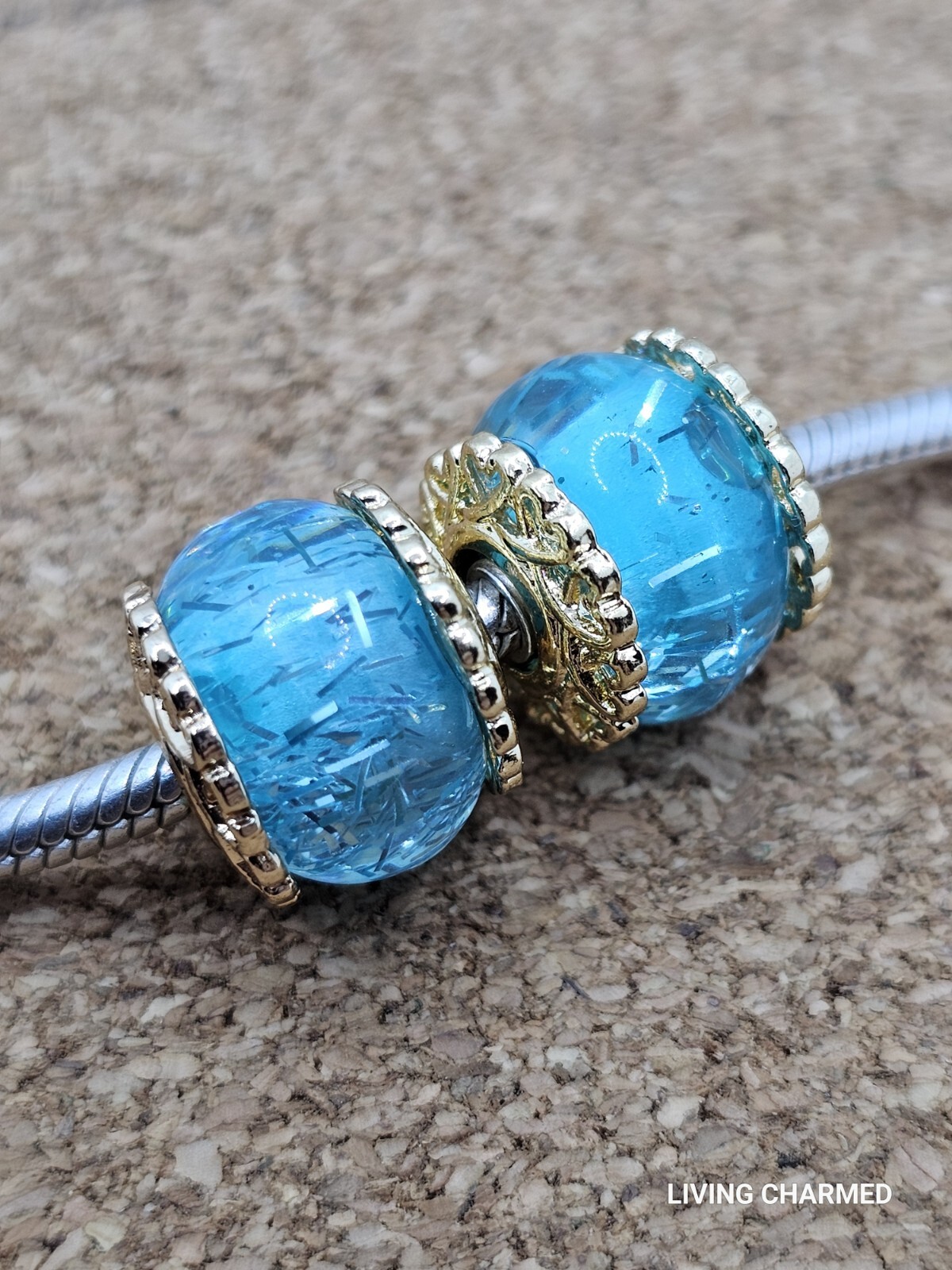 2 X Authentic Blue Glitter Gold Core European Murano Spacer Charm Beads Lot