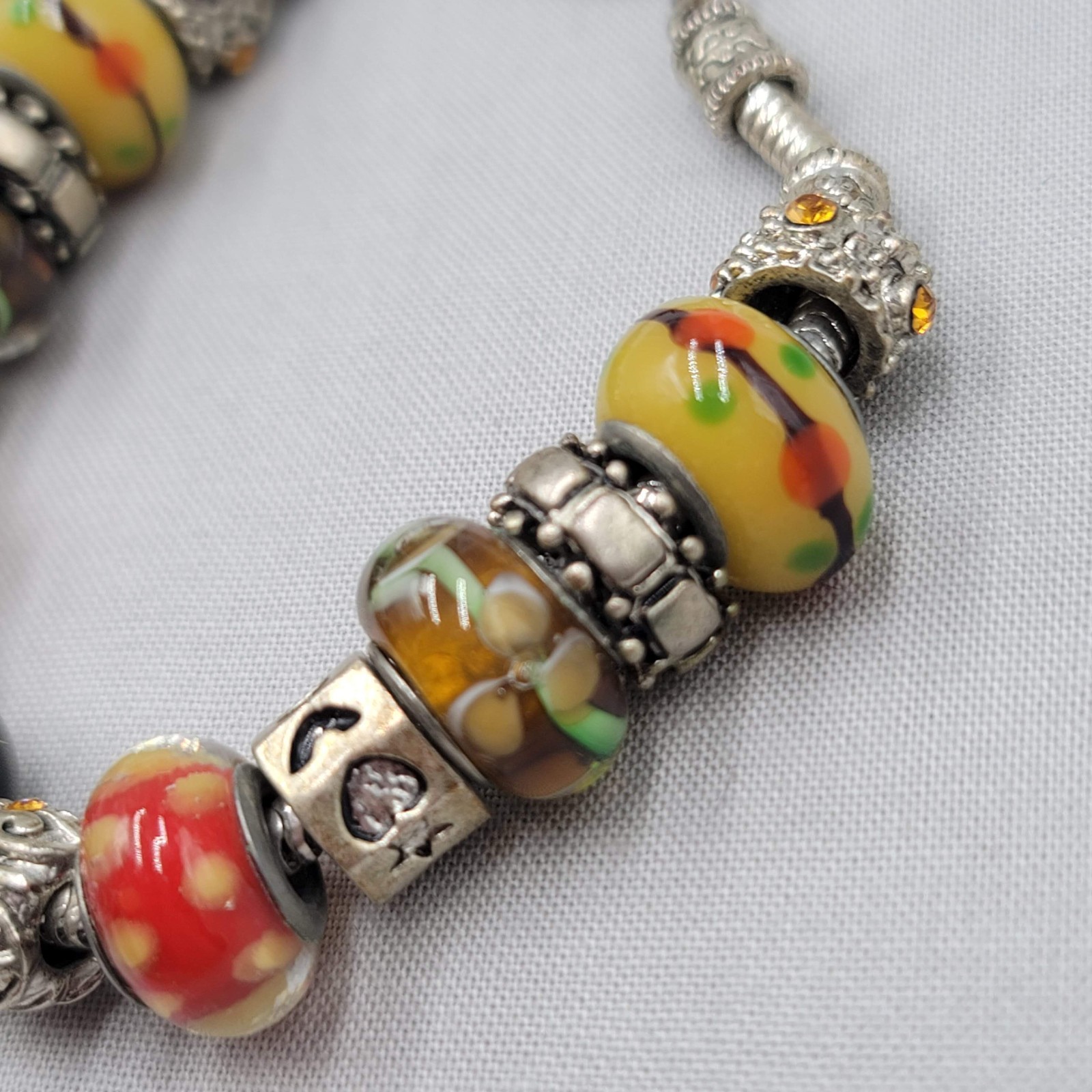 Slide Charm Bracelet Silver tone Snake Chain Orange Yellow Brown 8.5″