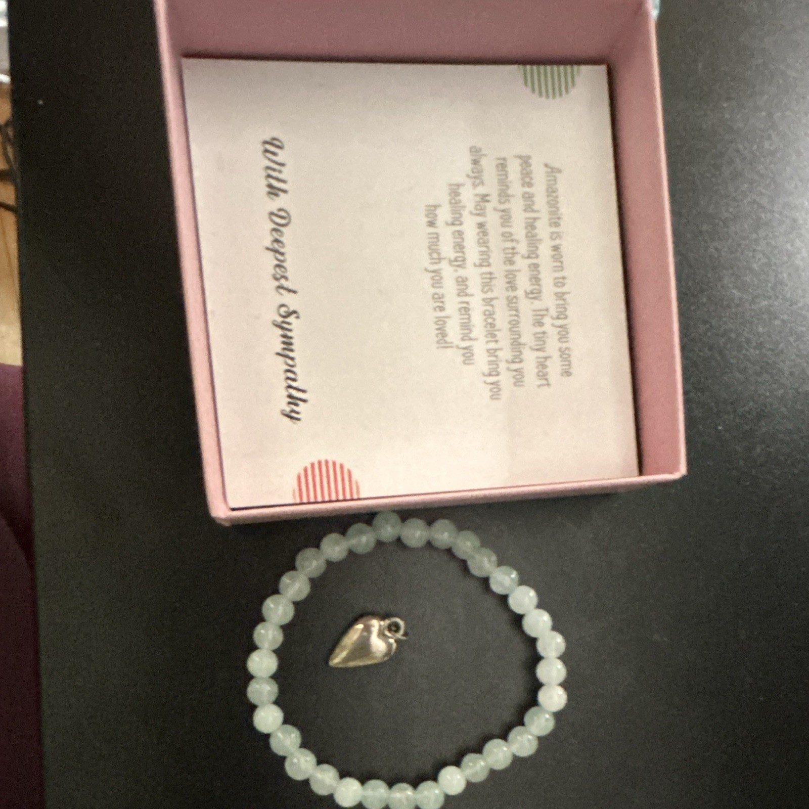 Amazonite Beaded Stretch Bracelet Light Green Heart Dangle Charm Sympathy