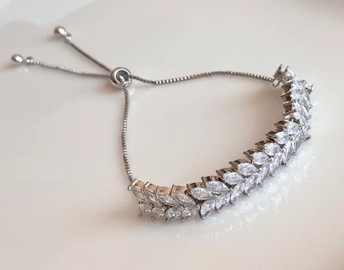 18K Platinum Plated Marquise Simulated Diamond Bolo Tennis Bracelet Elegant Gift