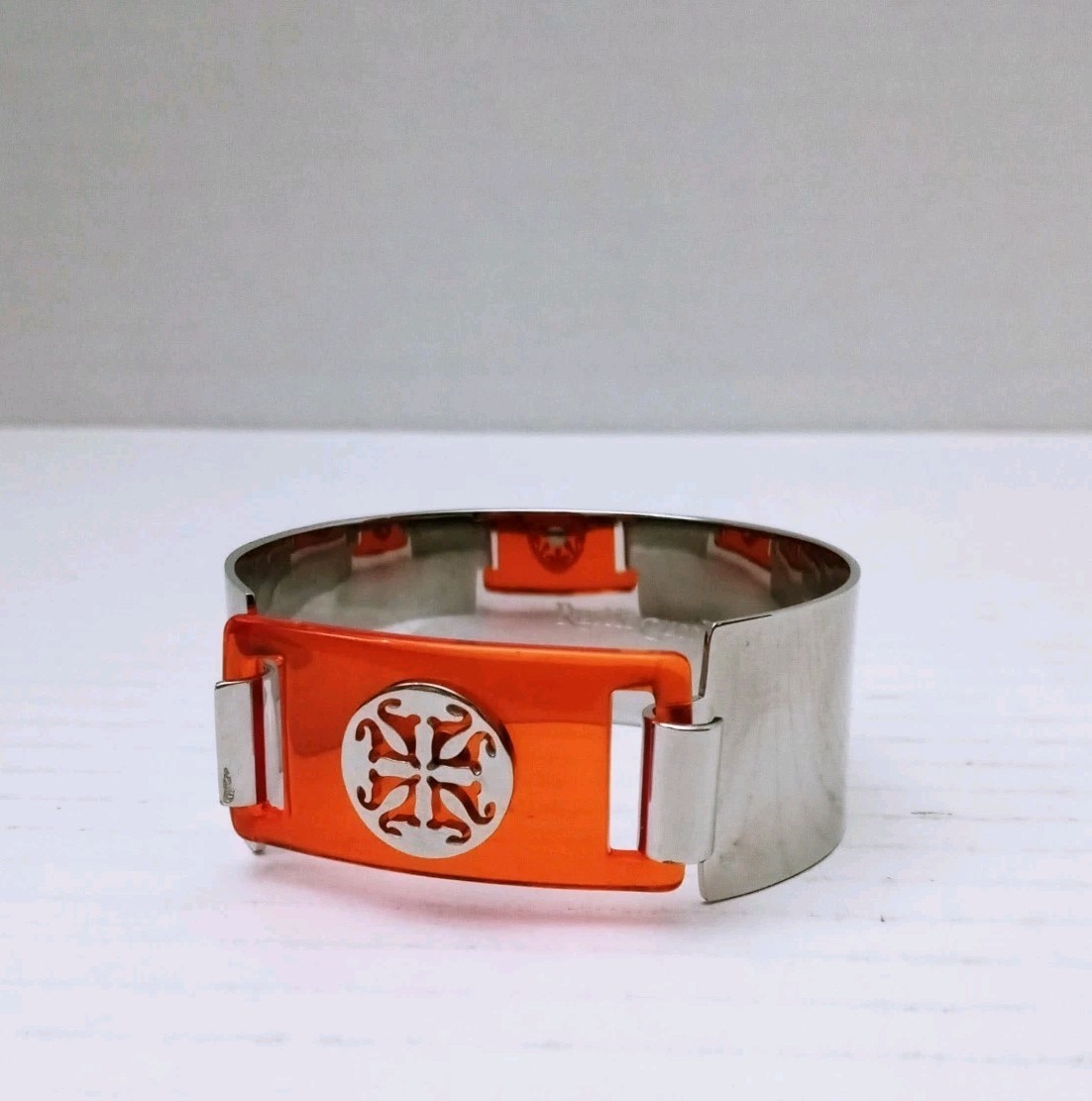 Rustic Cuff Silver Orange Acrylic Bracelet