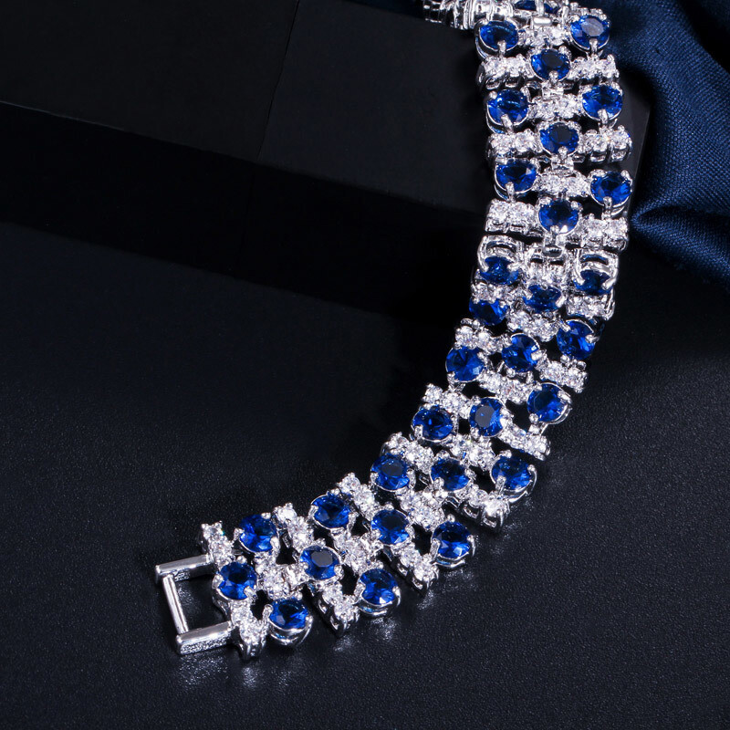 Silver Plated Wedding Blue Cubic Zirconia Wide Tennis Bracelet for Women Jewelry