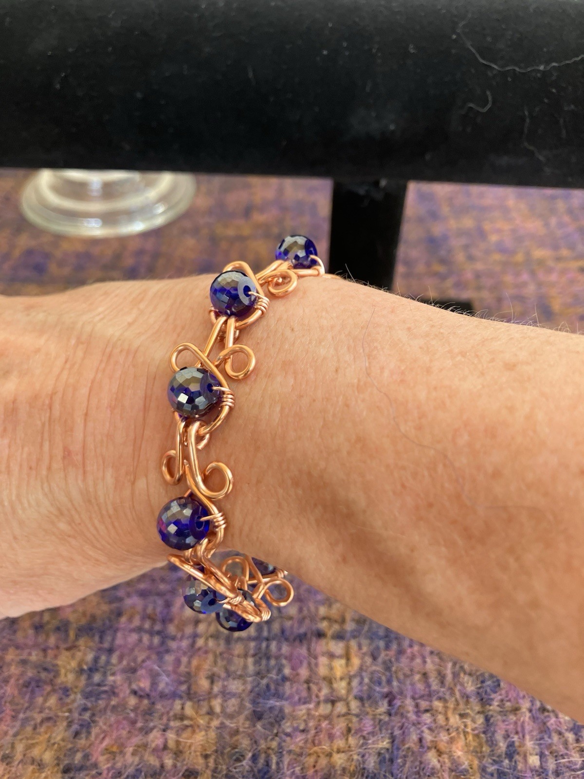 Handmade Copper Wire Wrapped Link Bracelet Upcycled Crystal Beads Hook Clasp 8in
