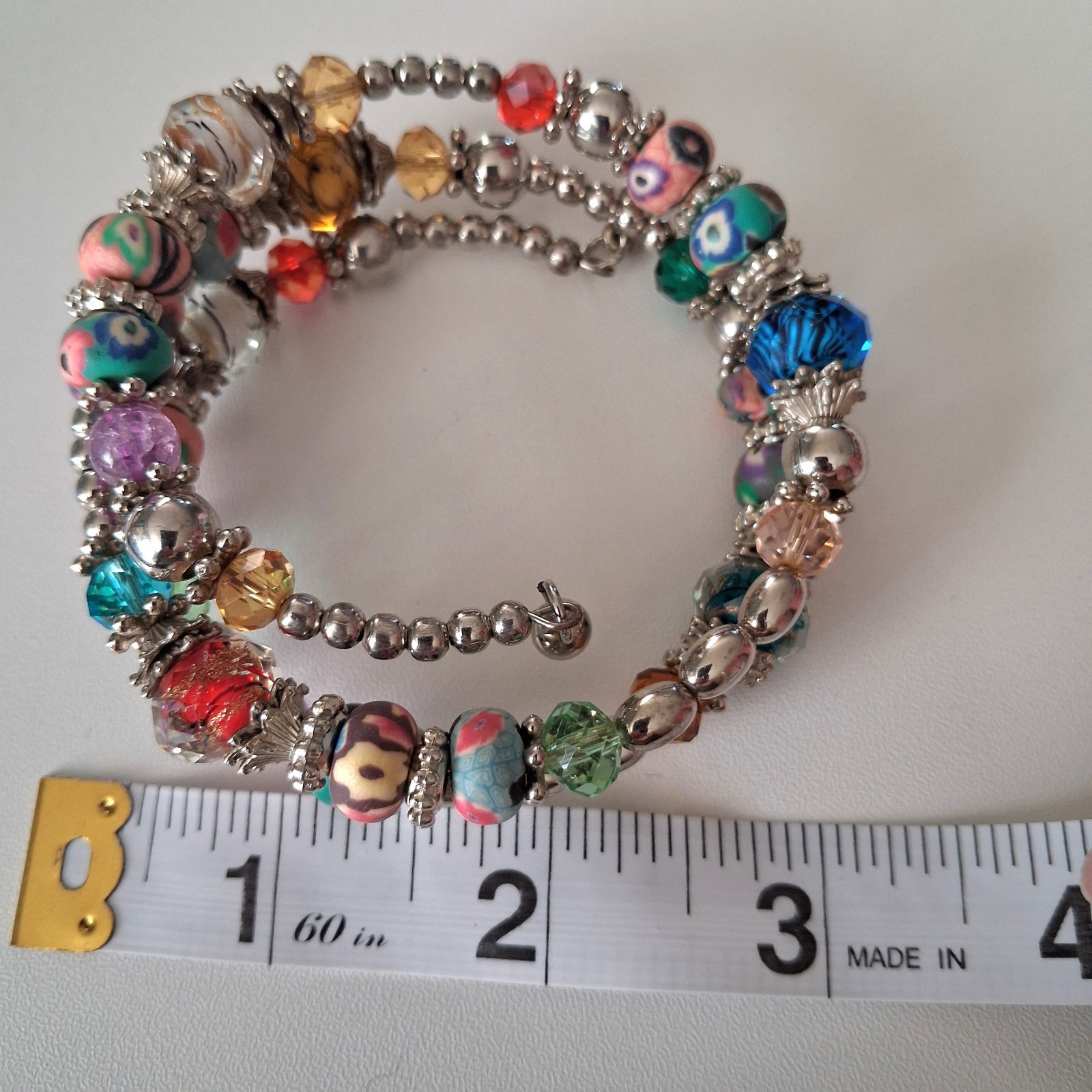 Bracelet Boho Silver Beads Multicolor Stretch Crystal Blue Green Red Yellow