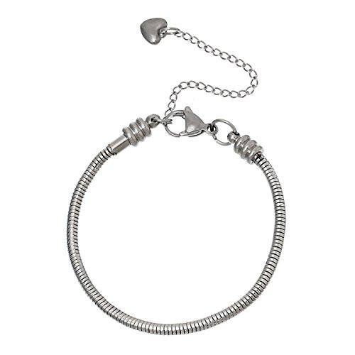 7.2″ European Style Stainless Steel Snake Chain Charm Bracelet with Heart Lobste