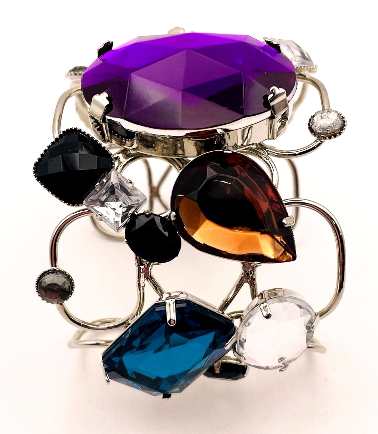 Multi Color & Shape Rhinestone Wire Cuff Bracelet Stmt Geometric Silver Tone