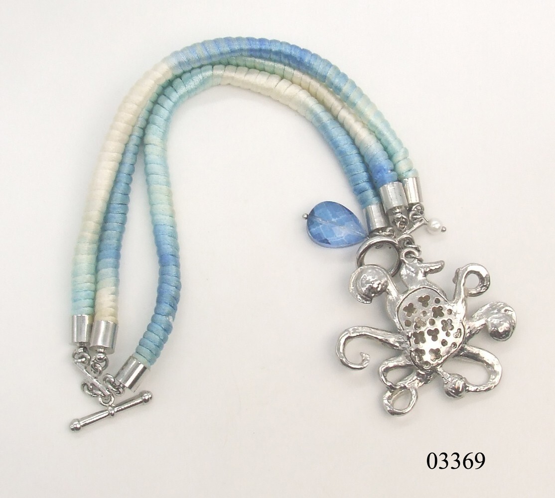 9″ Multi-strand Twisted Silk Blue Ombre Cord & Enamel Octopus Toggle Bracelet