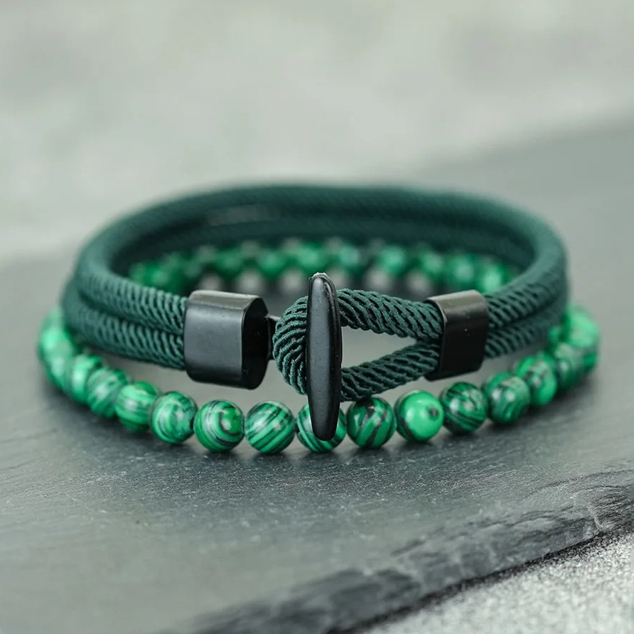 2PCS Men’s Beaded Rope Bracelet Set Tiger Eye & Malachite Stone Handmade Jewelry
