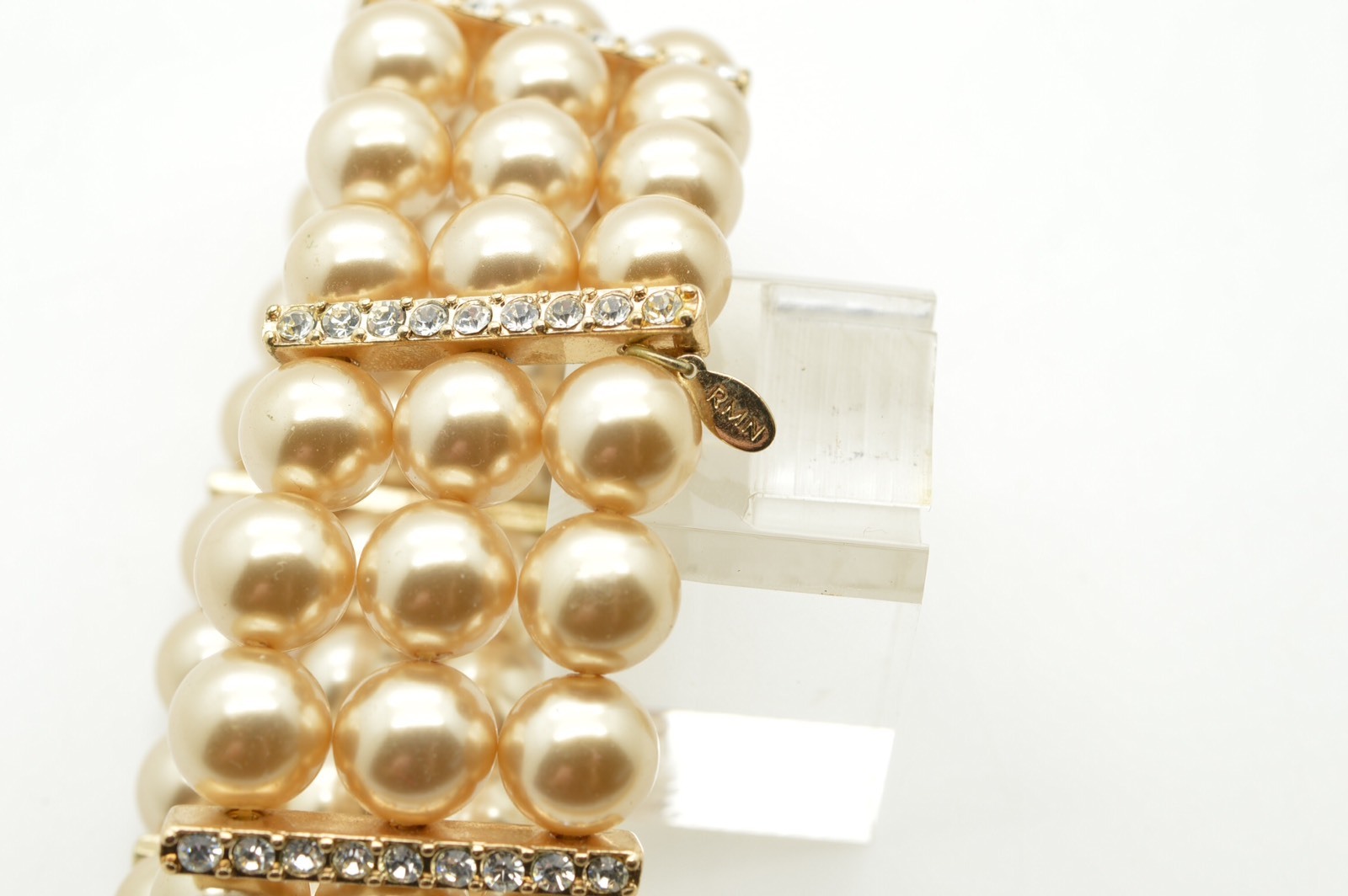 Signed Roman Two Row Cream Faux Pearl Stretch Bracelet Rhinestone Chunky