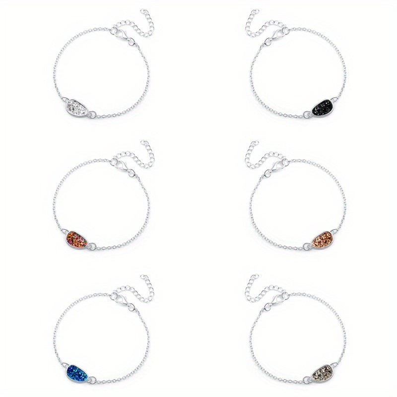 6Pcs Multicolor Bracelets Silver Chain Adjustable Oval Stone Charm Bracelet
