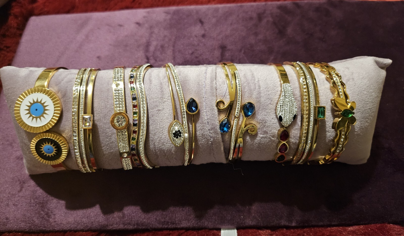 Beautiful Turkish Design Gold Plated Evil Eye Blue Crystals Bangle Bracelet