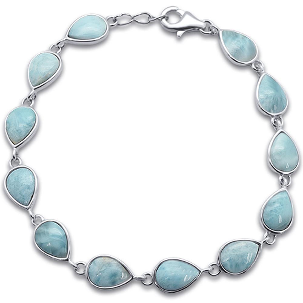 Bezel Set Pear Leaf Shape Natural Larimar .925 Sterling Silver Bracelet