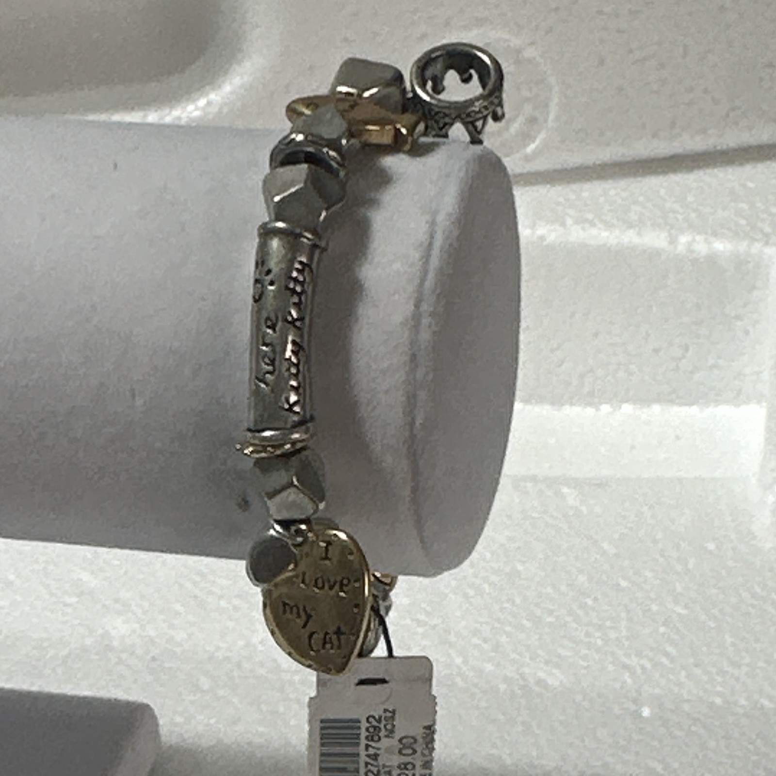 Chico’s Silver Gold Tone Beaded Charm Bracelet Cat Heart Dangle Signed