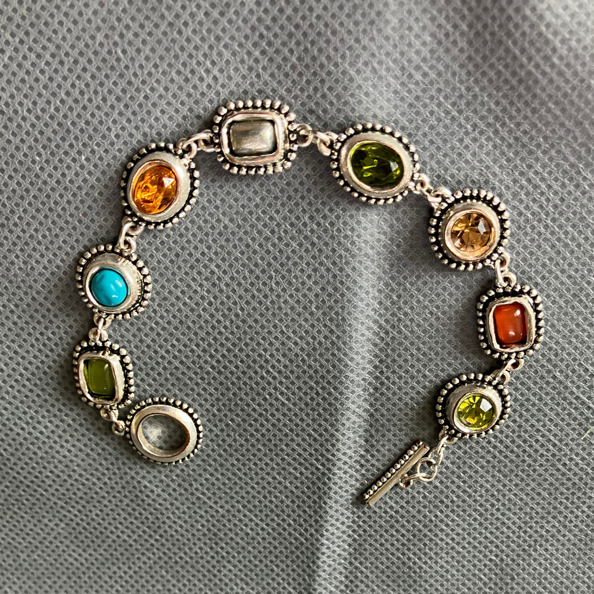 Vintage Silver Plated Glass Gem Bracelet Colorful Statement Jewelry Retro Fun