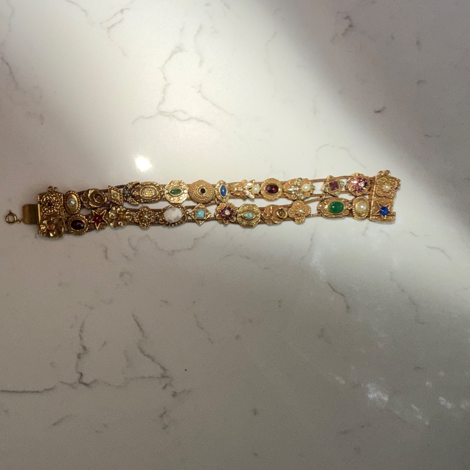 Goldette Signed Gold Tone Slide Charm Bracelet w/ Safety Chain