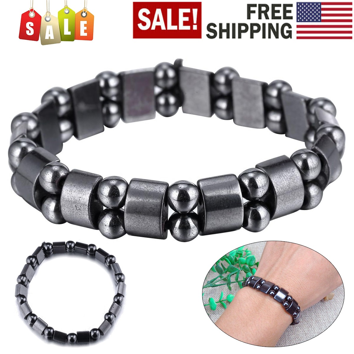 Magnetic Hematite Bracelet Pain Relief Powerfull Elastic Therapy Arthritis USA