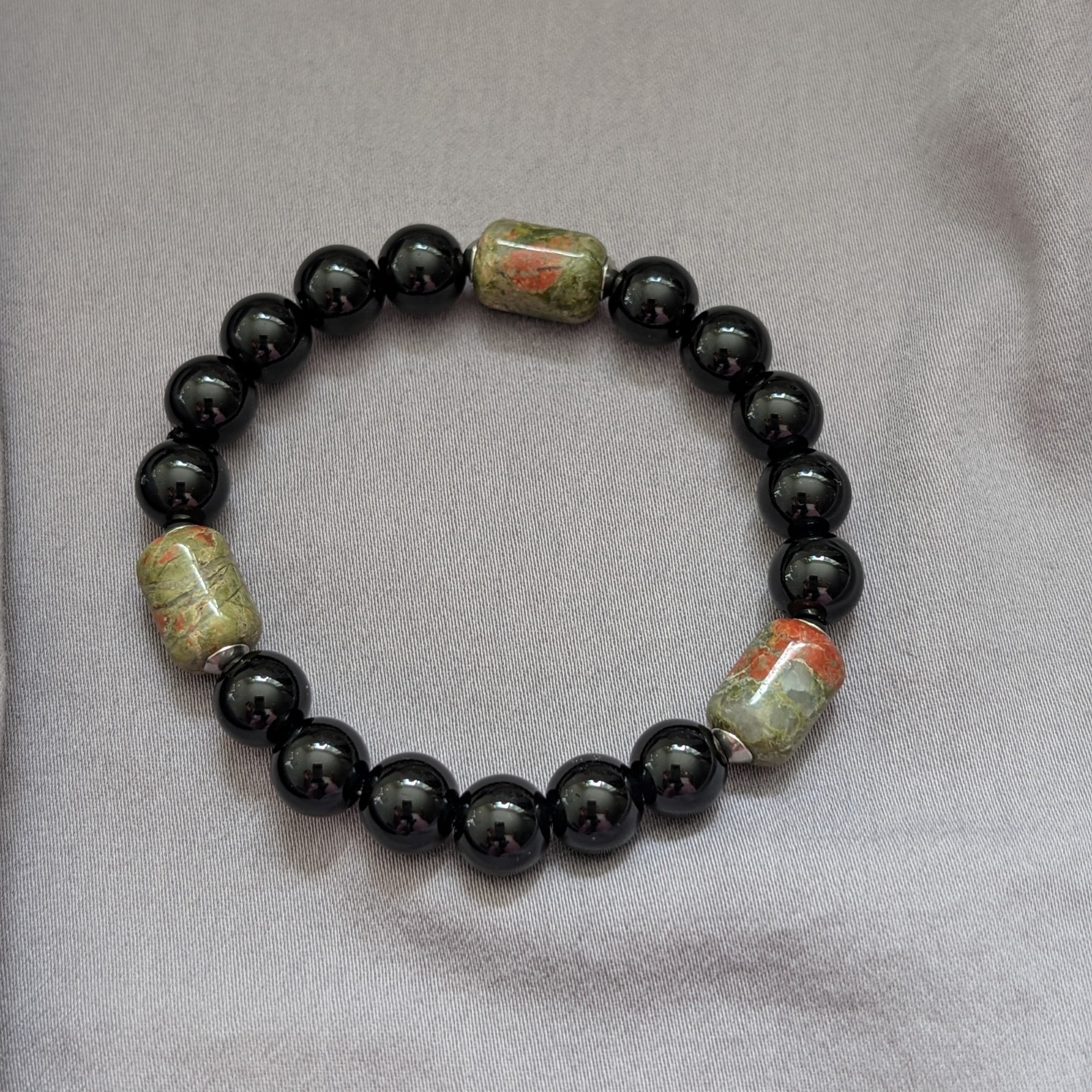 Black Onyx Unakite Beaded Bracelet, Natural Stone Unisex Gift, Protection Stone