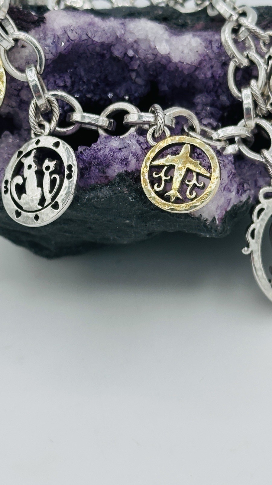 Brighton Paris Love Charm Bracelet Two Tone Heart Rose Cat Retired