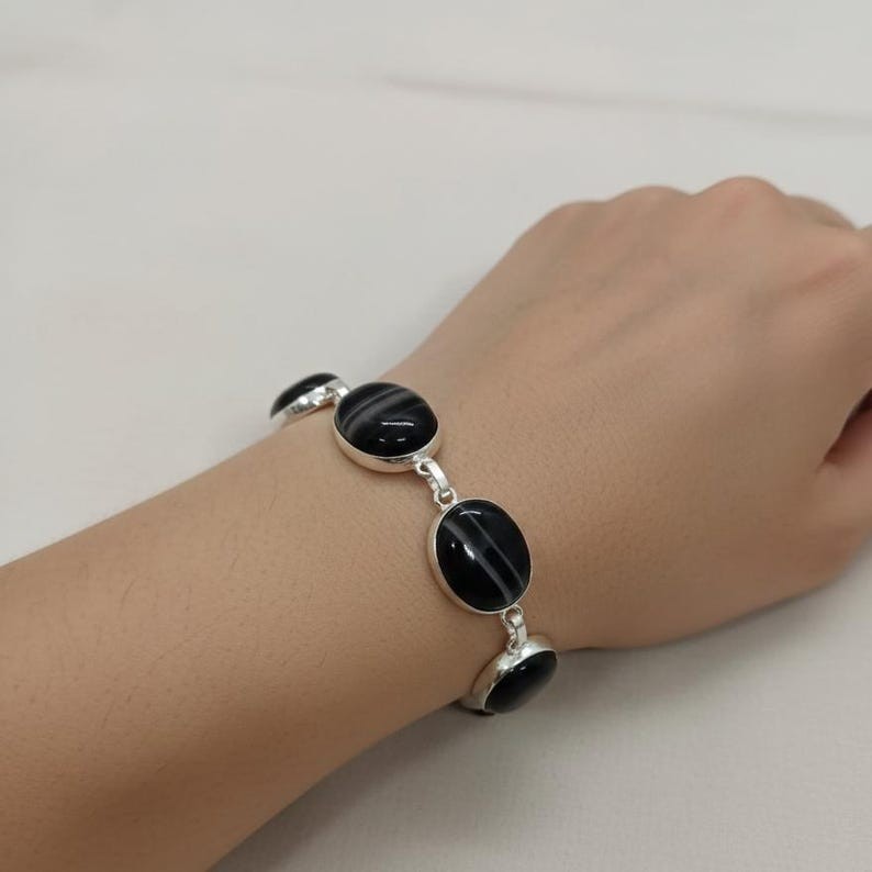 Black Agate Bracelet Silver Jewellery, Natural Banded Gemstone Cabochons