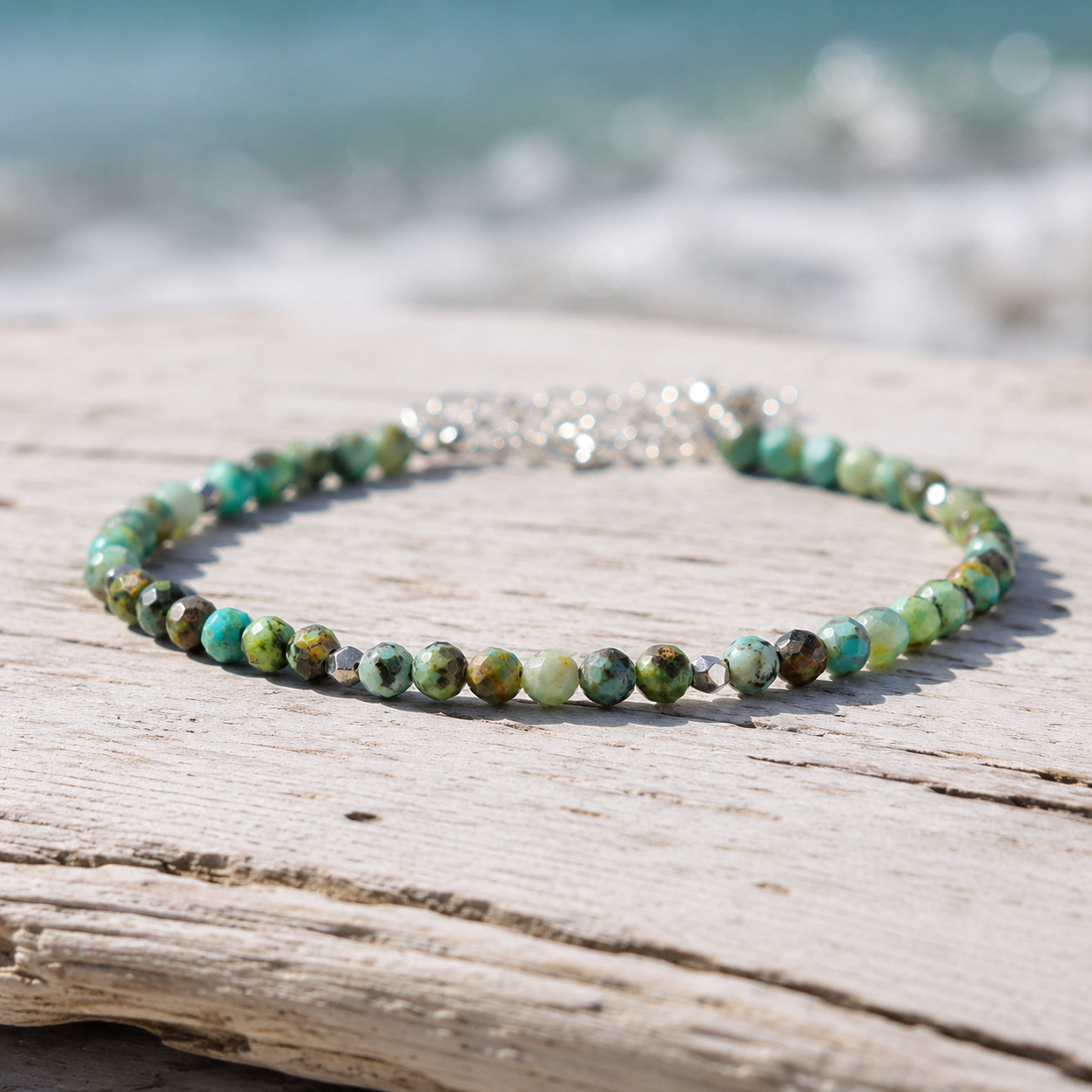 Natural African Turquoise Bracelet 3mm Faceted Bead Adjustable Boho Gemstone Gif