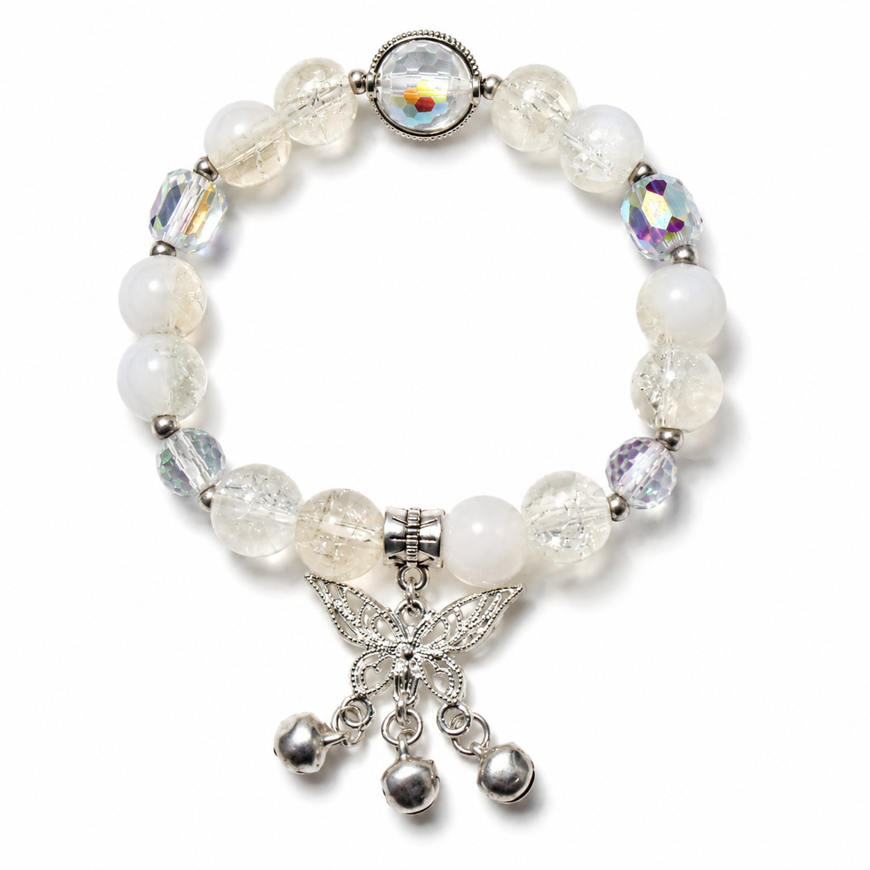 White Crystal Glass Bead Stretch Bracelet Silver Butterfly Heart Charm Gift