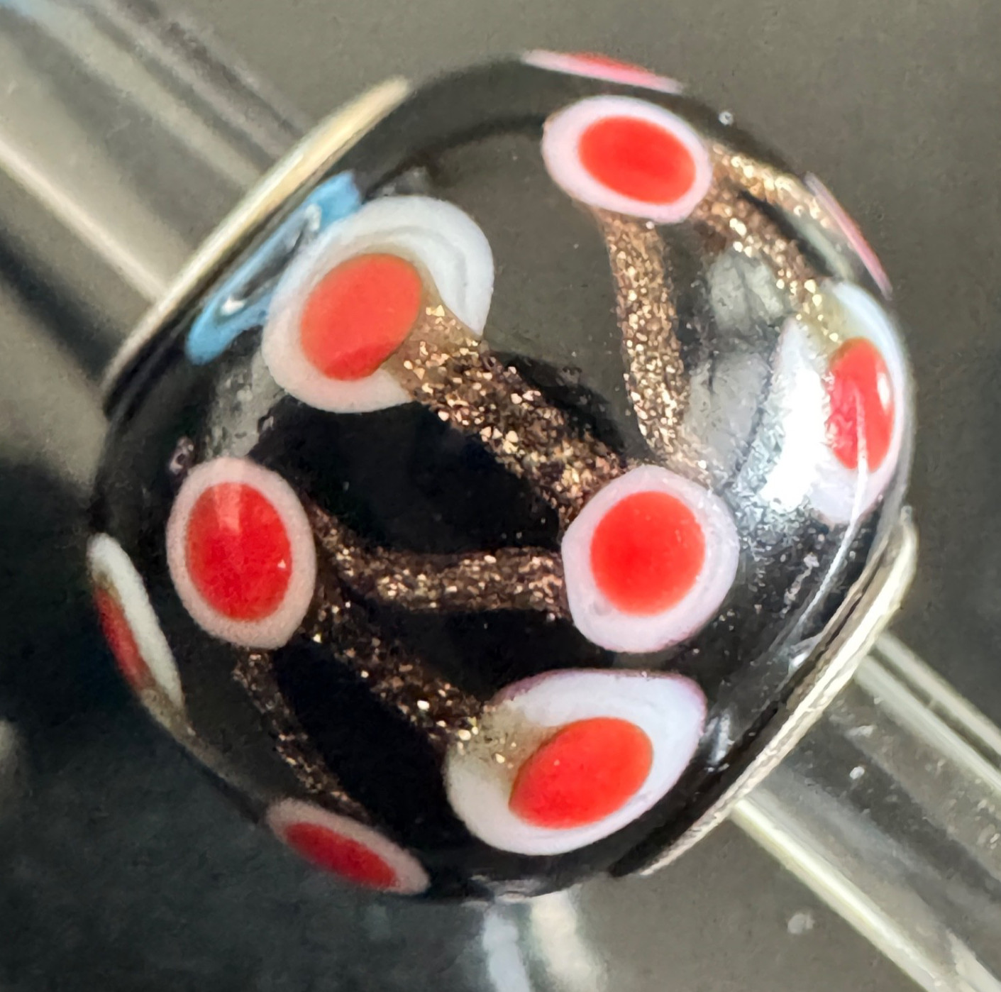 Trollbeads Black Base With Glitter Red Cherries MINI BARREL BEAD