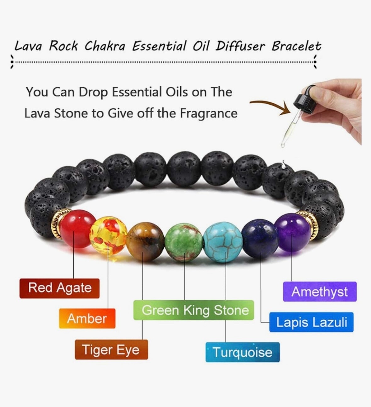 7 Chakra Lava Rock Unisex Bracelet, healing stress relief, essen. oil, w/ bag