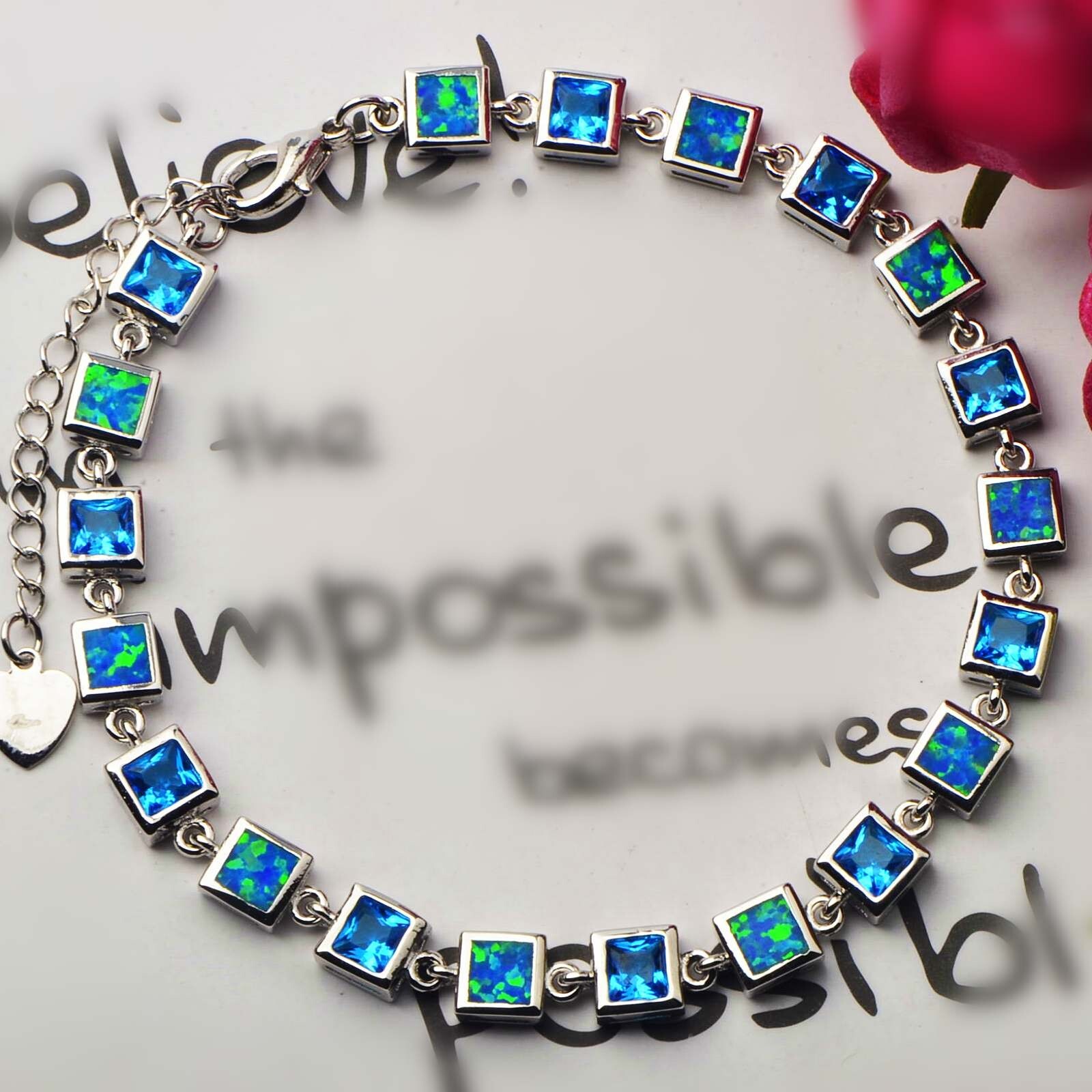 Hawaii Blue Opal Square Bracelet 925 Sterling Sliver Jewelry For Women Girls