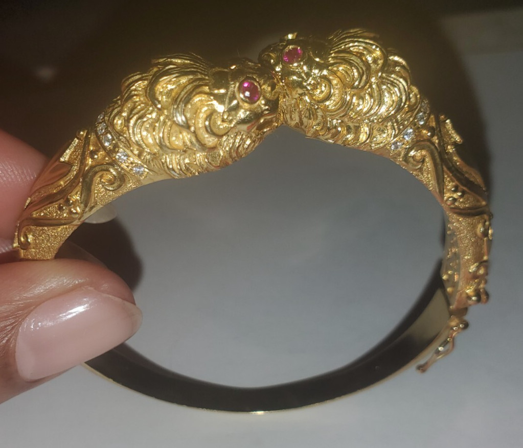22K Gold-plated 925 Sterling Silver Lion Cuff Bracelet, Red Cubic Zirconia Eyes