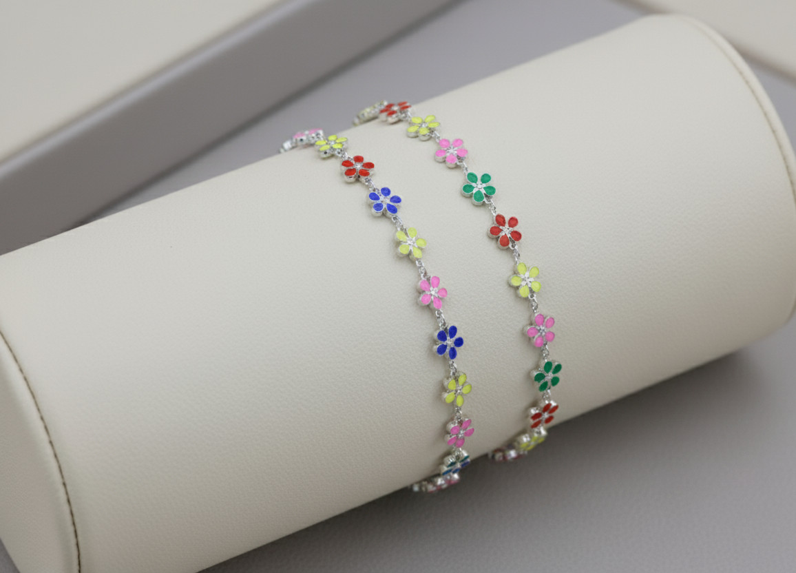Colorful Floral Charm Bracelet Silver Plated Brass Chain Handmade Boho Design