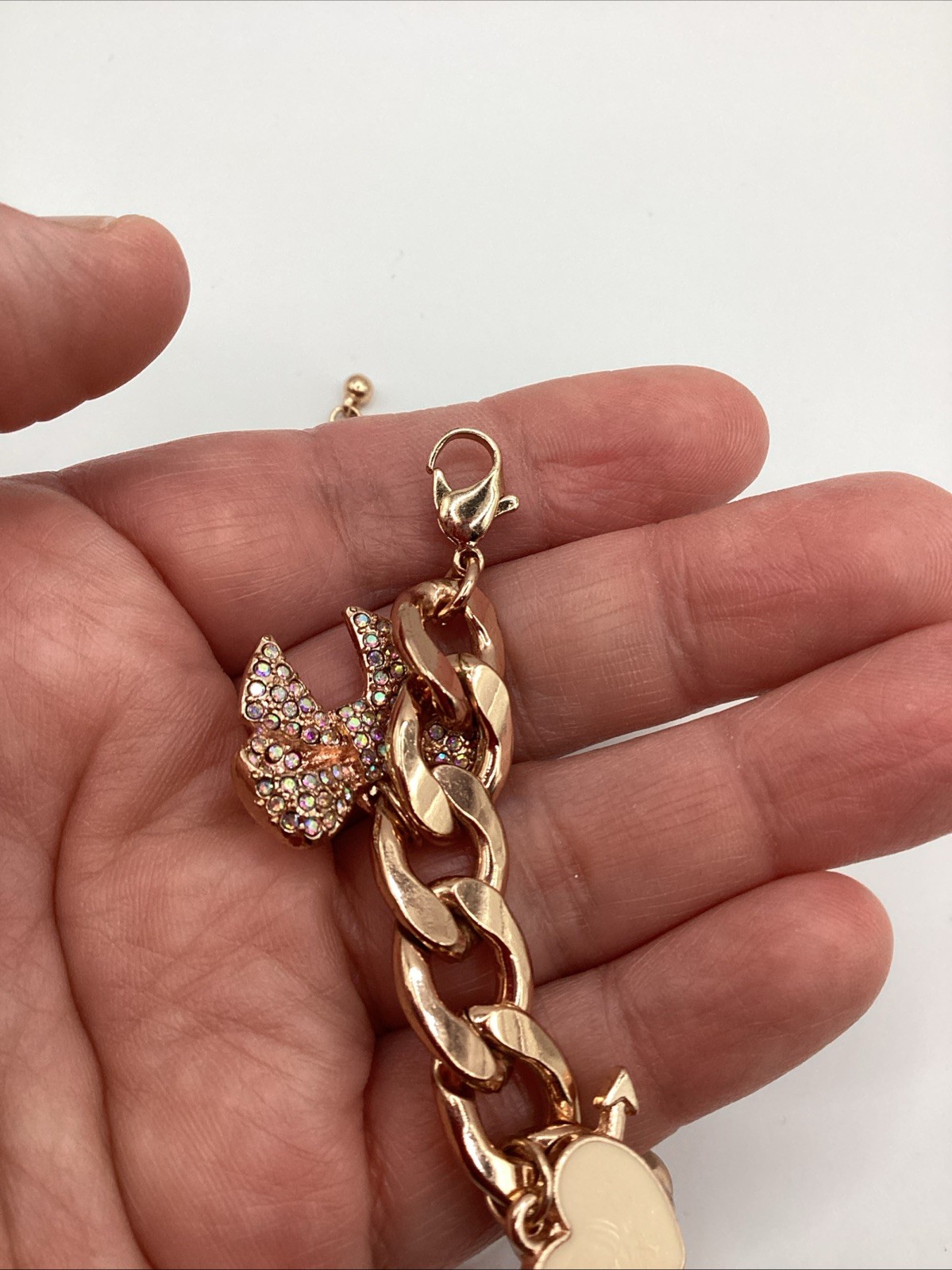 Rose Gold Tone Curb Chain Charm Bracelet W/ Faux Pearl,crystal Heart and Bow