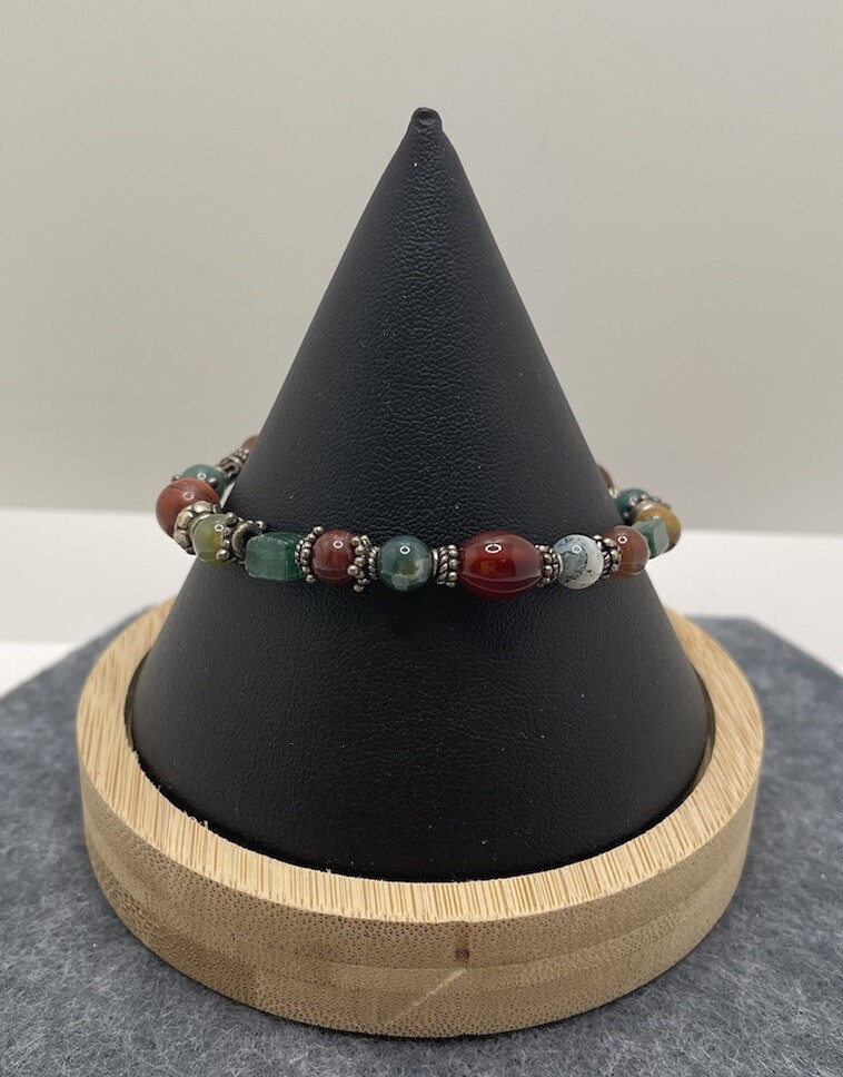 Multi Color Round & Rectangle Stone? Glass? Beaded Fashion Bracelet Unmarked