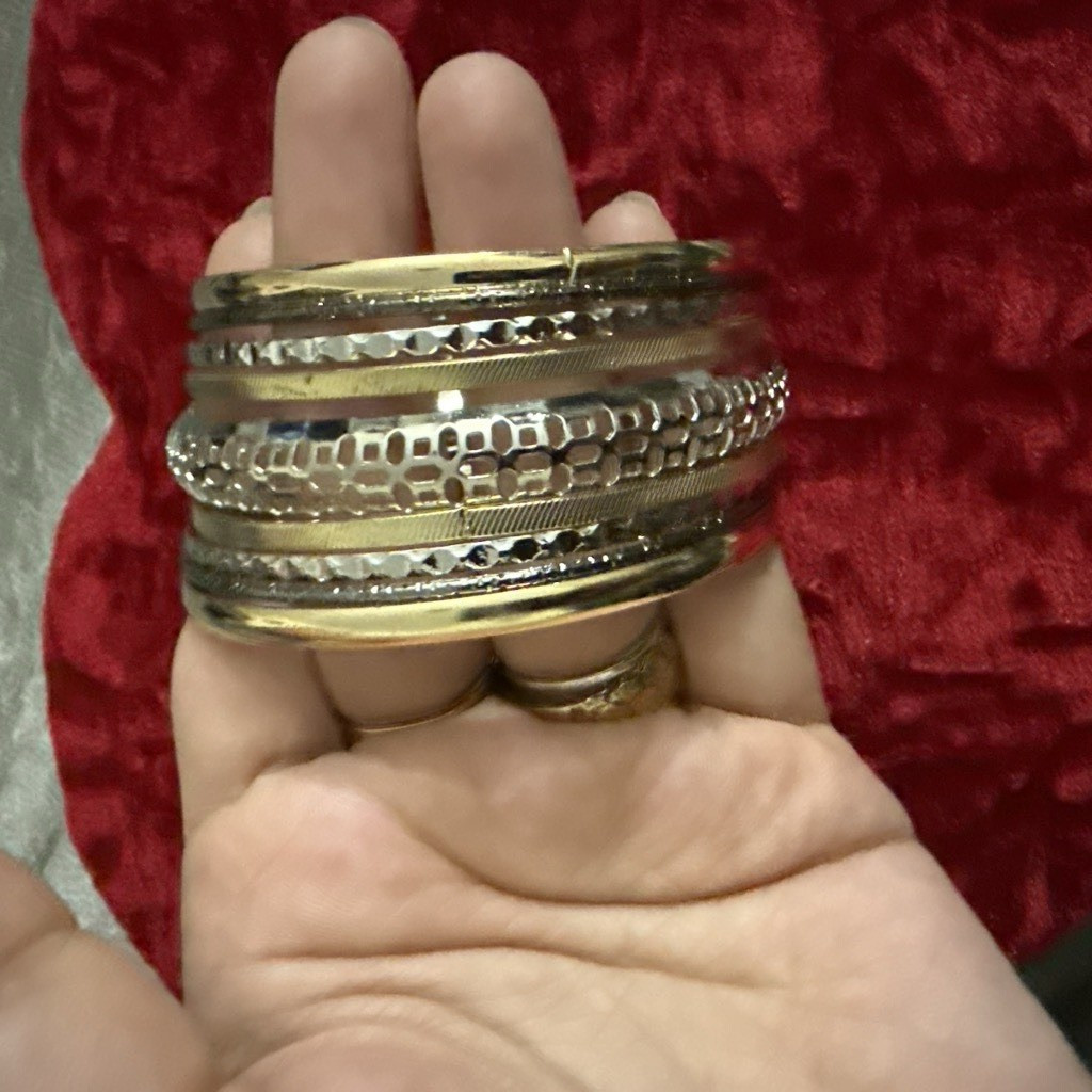 Set of Gold Silver Tone Mixed Metal Textured Stackable Bangle Bracelets No Stone