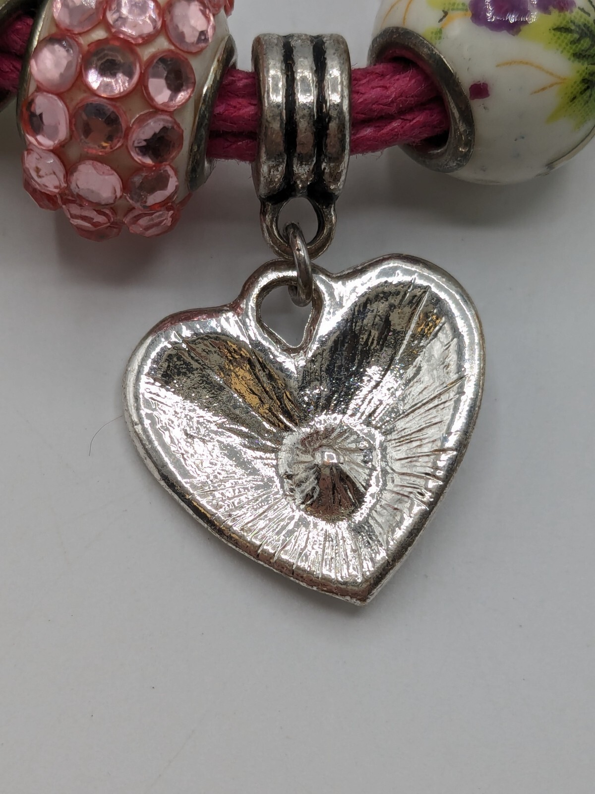 Pink Leather Hear Charm Bracelet Enameled Beads