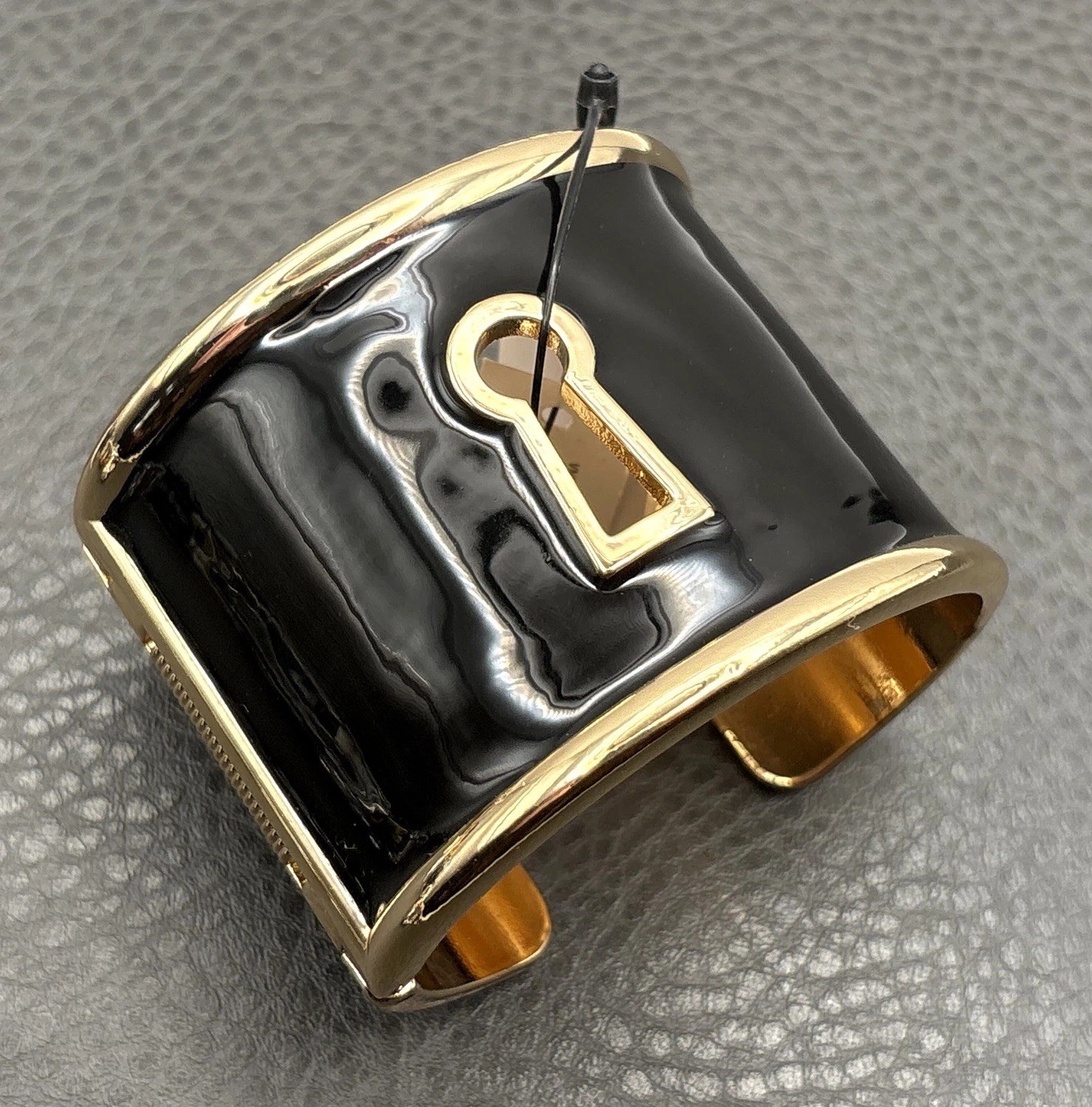 Chicos Black Enamel Gold Tone Cuff Bracelet Keyhole Key Hole Lock Wide Statement