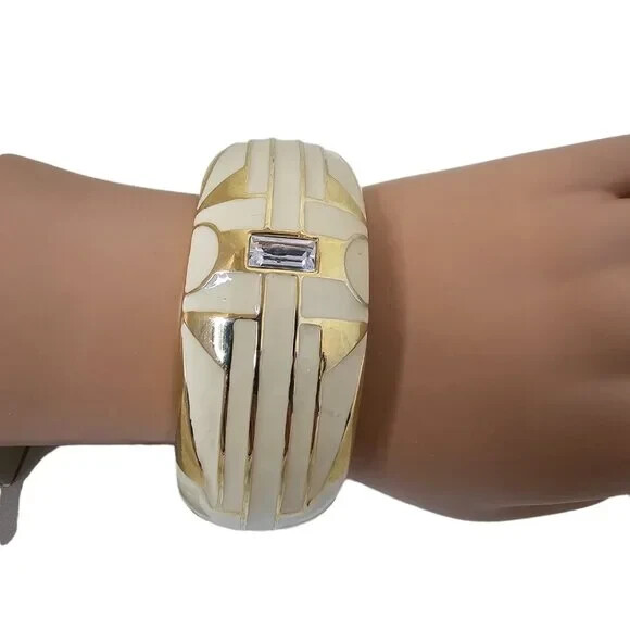 Women’s Statement Gold Beige Plated Enamel Crystal Wide Bangle Bracelet NWOT