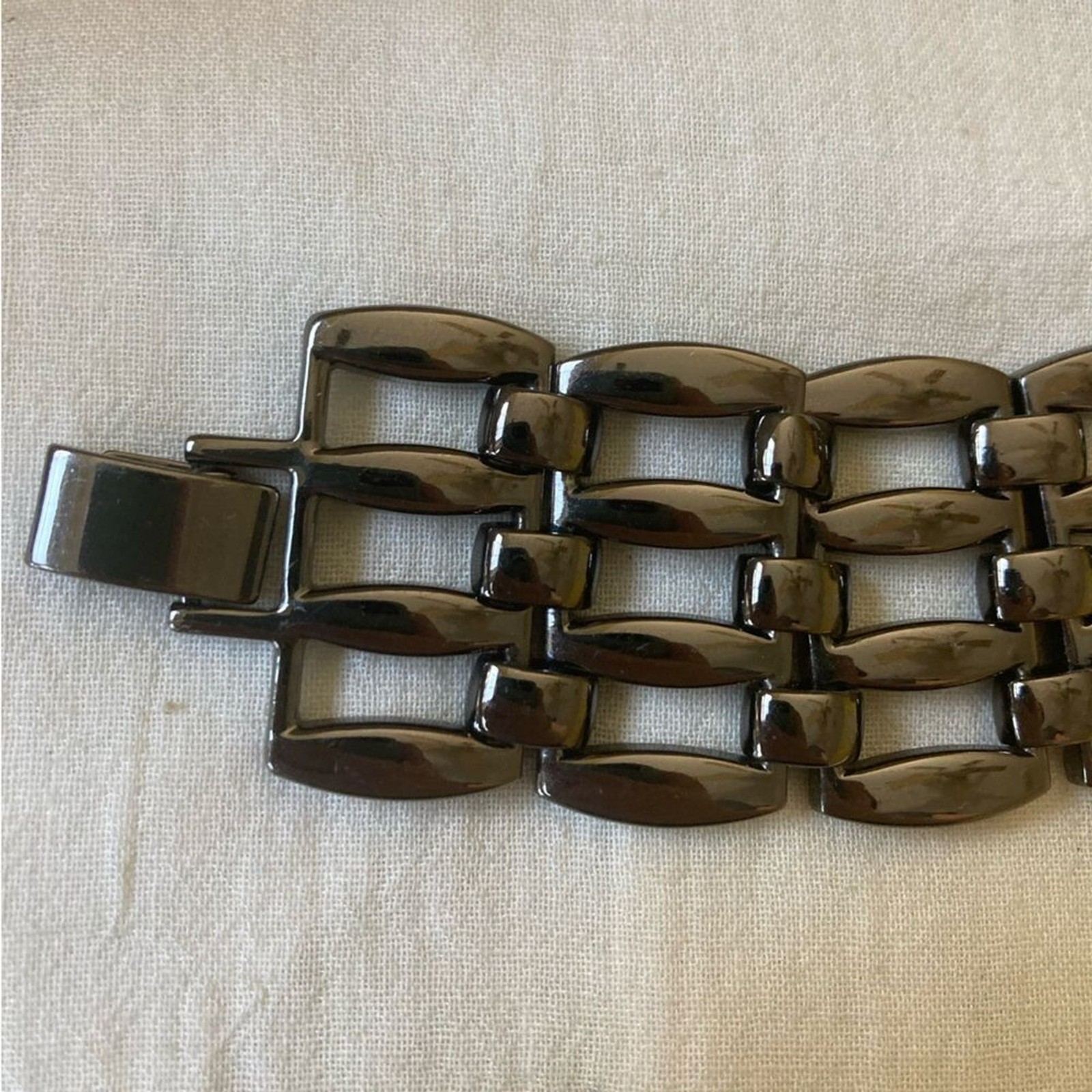 Gun Metal Panel Link Wide Bracelet Fold‎ Over Clasp