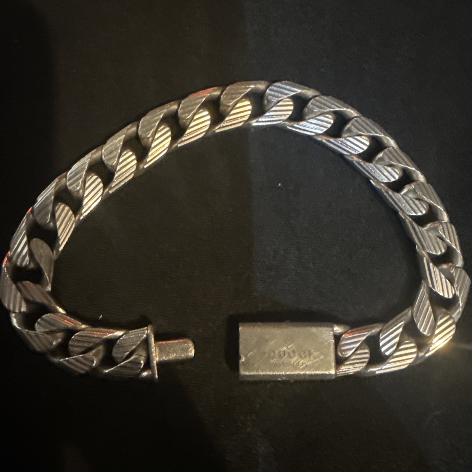 GUCCI Striped Vintage Cuban Bracelet SV925 738FI Silver Mens Used Size22