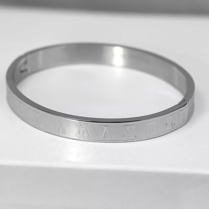 Men’s 7″ Stainless Steel*Silver Roman Numeral Bangle Bracelet Open*Unisex Box