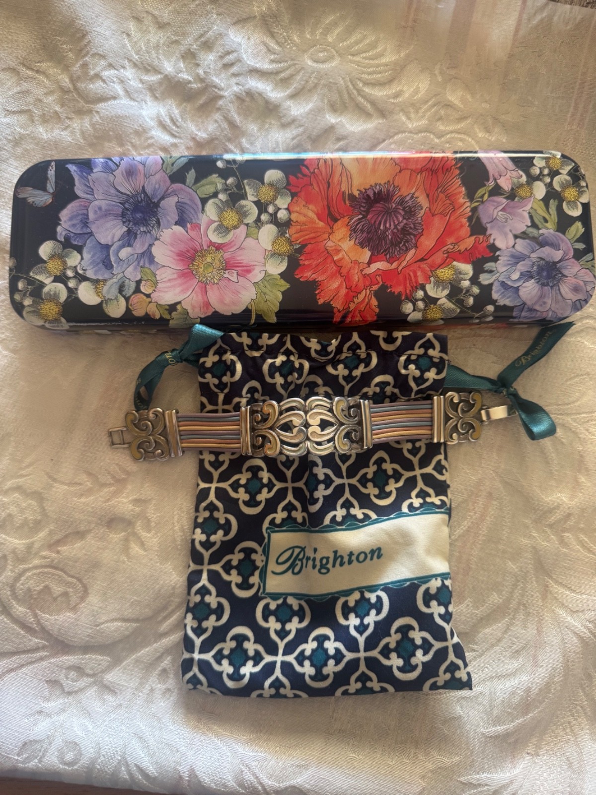 Brighton Gelato Pastels enamel Swirl scroll leather cords bracelet w/bag & TIN!